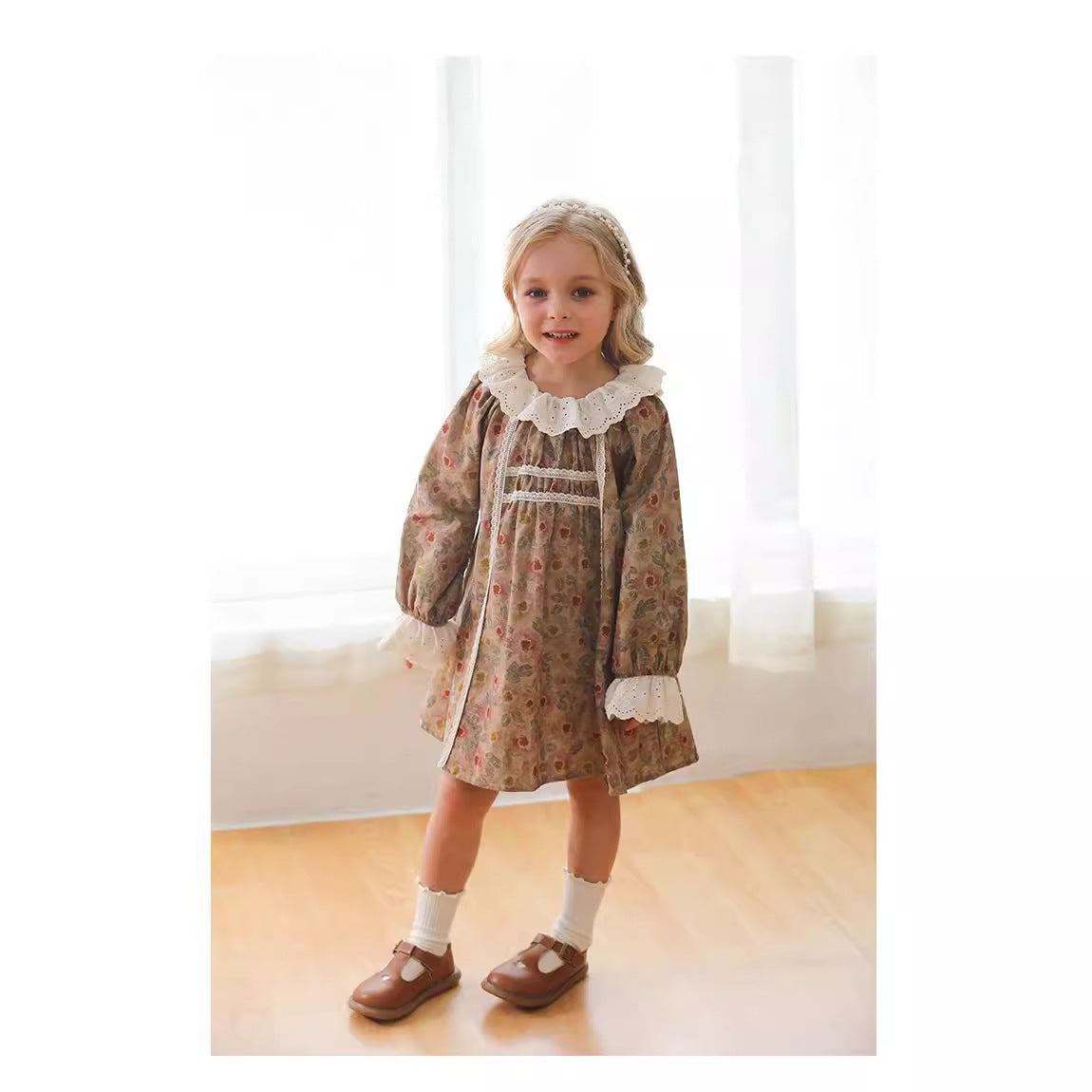 Design Autumn Girls Vintage Floral Ruffle Collar Long Sleeves Dress-1