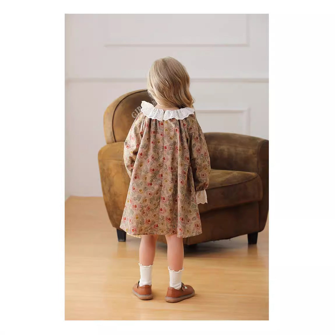 Design Autumn Girls Vintage Floral Ruffle Collar Long Sleeves Dress-2