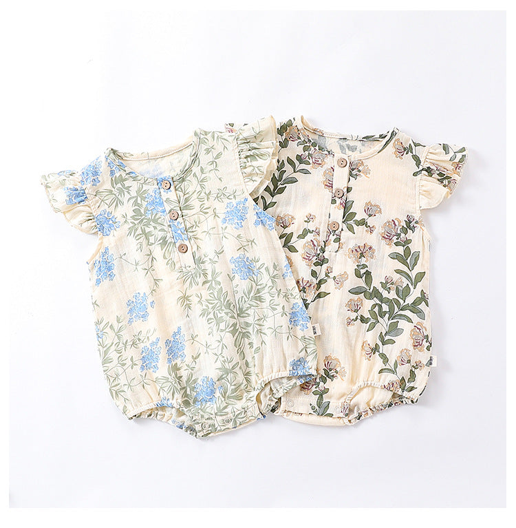 Summer New Arrival Baby Girls Plain Floral Print Fly Sleeves Crew Neck Onesies