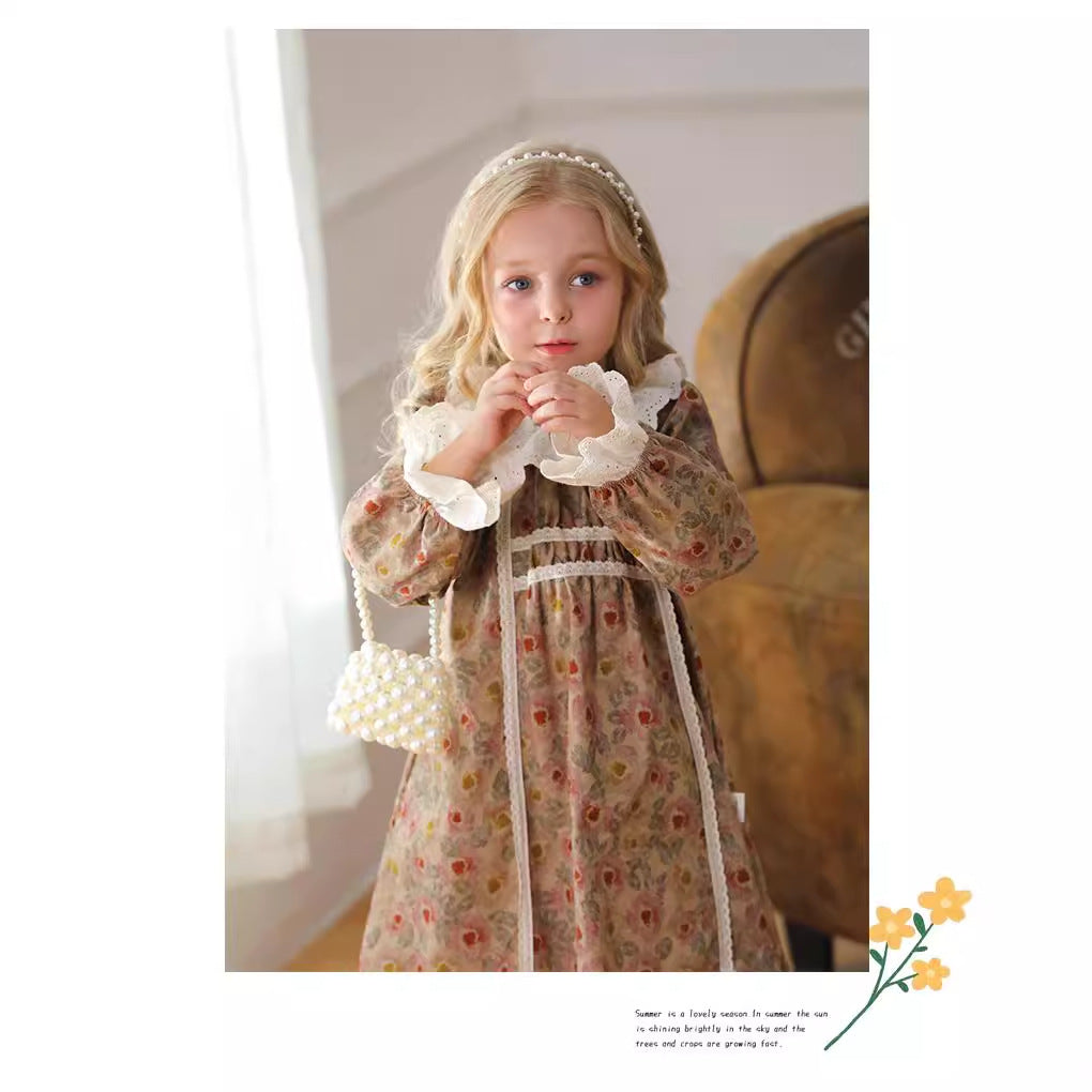 Design Autumn Girls Vintage Floral Ruffle Collar Long Sleeves Dress-3