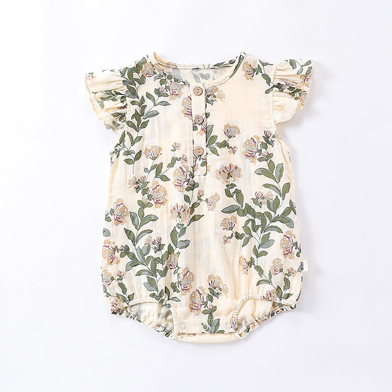 Summer New Arrival Baby Girls Plain Floral Print Fly Sleeves Crew Neck Onesies