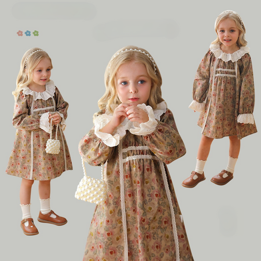 Design Autumn Girls Vintage Floral Ruffle Collar Long Sleeves Dress-0