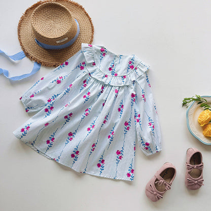 Baby Kids Girls Floral Pattern Long Sleeves Crew Neck Dress-1