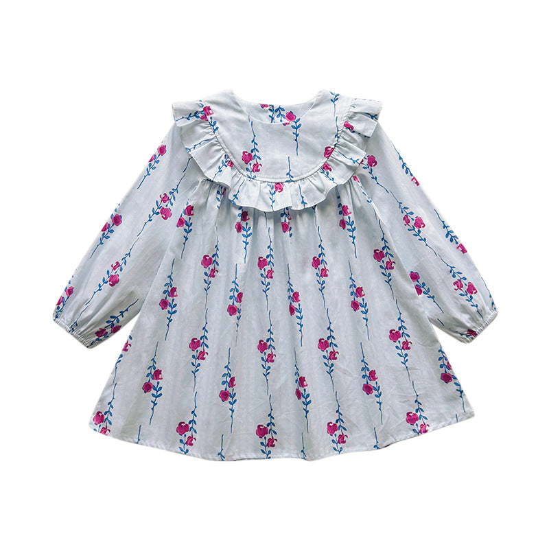 Baby Kids Girls Floral Pattern Long Sleeves Crew Neck Dress-2