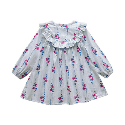 Baby Kids Girls Floral Pattern Long Sleeves Crew Neck Dress-2