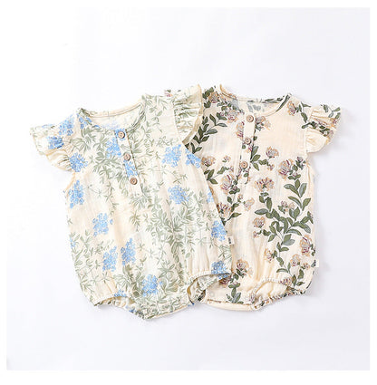 Summer New Arrival Baby Girls Plain Floral Print Fly Sleeves Crew Neck Onesies