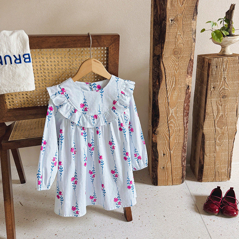 Baby Kids Girls Floral Pattern Long Sleeves Crew Neck Dress-3