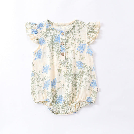 Summer New Arrival Baby Girls Plain Floral Print Fly Sleeves Crew Neck Onesies